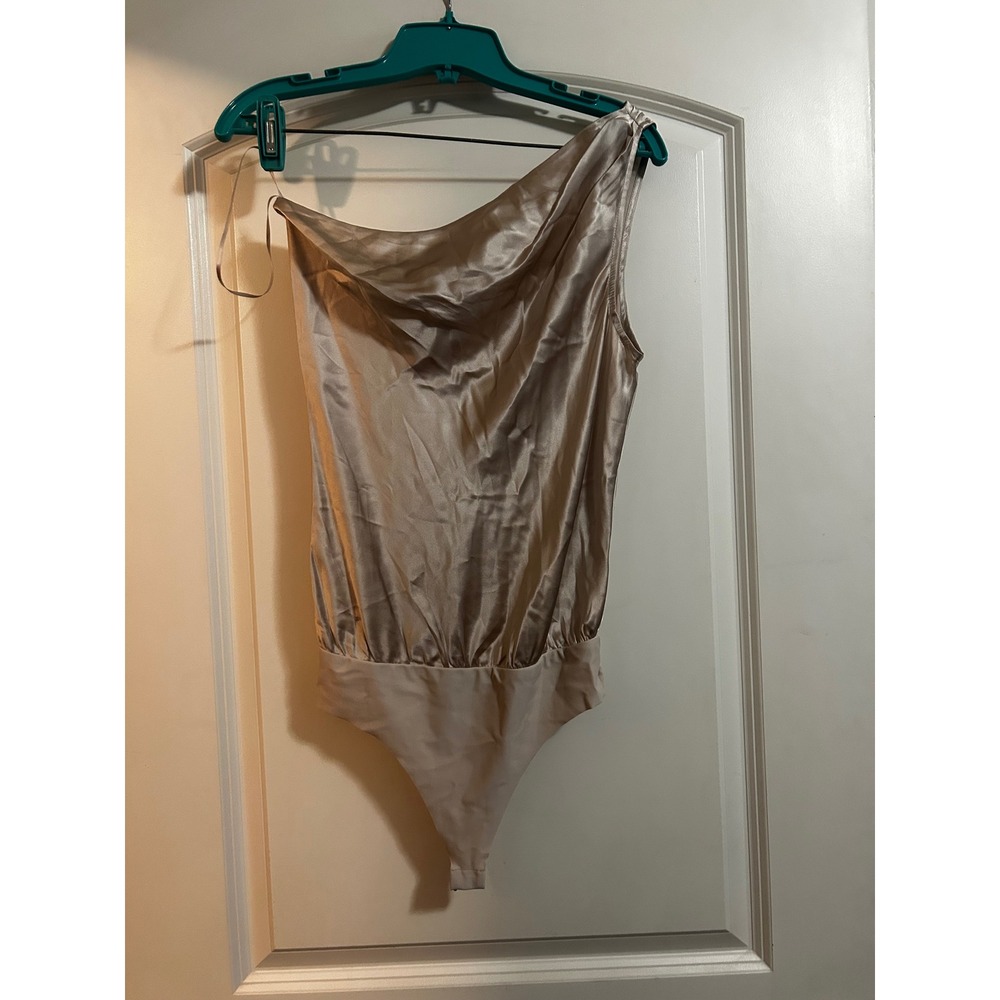 CAMI NYC Darby One Shoulder Silk Bodysuit Ceramic Champagne Beige XS